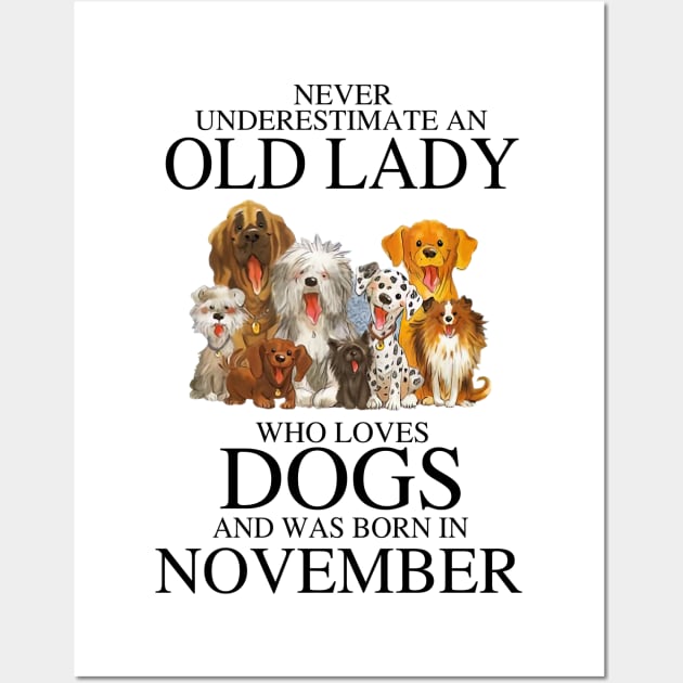 Never Underestimate An Old Lady Who Loves Dogs And Was Born In November Wall Art by louismcfarland